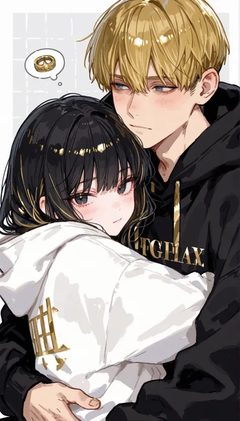 1man, 1woman、(black haired woman in a black hoodie)、(gold haired man in a white hoodie)、hugging from behind、cute