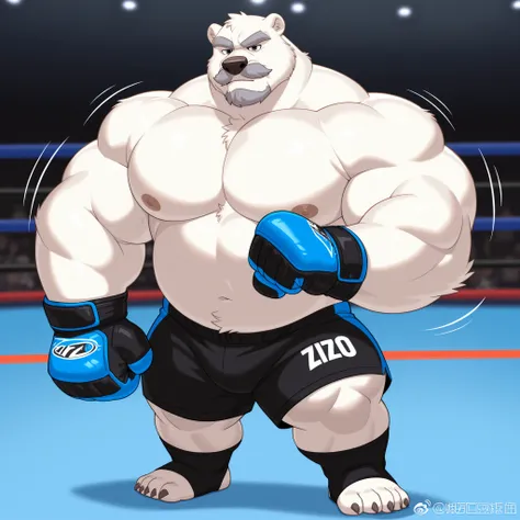 huge muscular polar bear at ZPD's gym, big strength, polar bear, huge white fur, thick arm, huge arm, added thick gray mustache, added thick gray beard. Short white hair, (thick muscular, pectoral, wide pectoral, thick arms), height: 220cm (7’2ft) weight: ...
