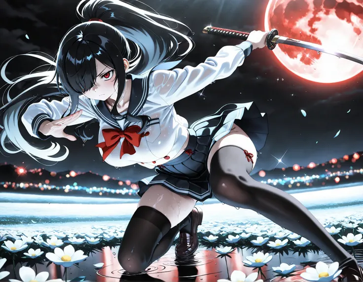 masterpiece, top quality, Super Detailed, 8k, full body, dynamic poses, cinematic lighting, solo, 1girl, Kuroki Monika, black hair, very long hair, hair over right eye, red eyes, large breasts, (petite but curvy, very cute),
Japanese High School Girl , p...