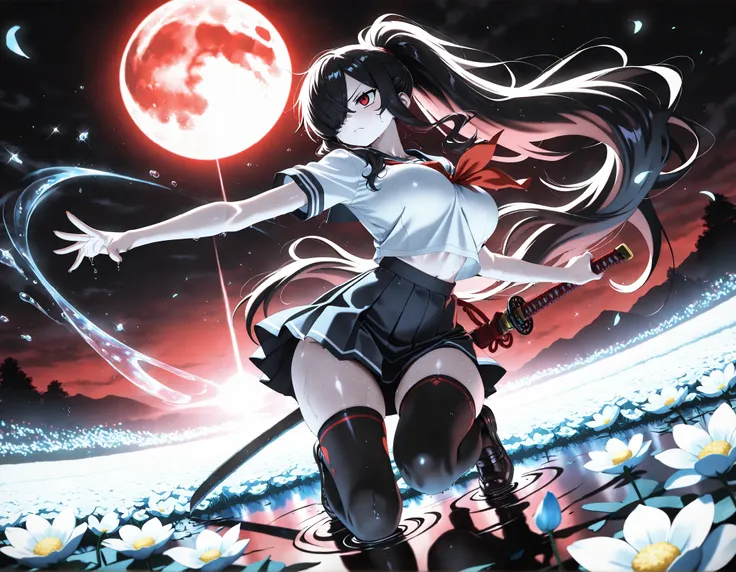 masterpiece, top quality, Super Detailed, 8k, full body, dynamic poses, cinematic lighting, solo, 1girl, Kuroki Monika, black hair, very long hair, hair over right eye, red eyes, large breasts, (petite but curvy, very cute),
Japanese High School Girl , p...