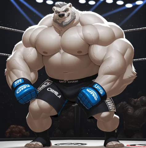 huge muscular polar bear in UFC MMA fight tournament, big hulking champ, grunts smirk, polar bear, huge white fur, thick arm, huge arm, 7’2ft, 595lbs, added thick gray mustache with beard, short gray hair, (veiny muscular, pectoral, wide pectoral, thick ar...