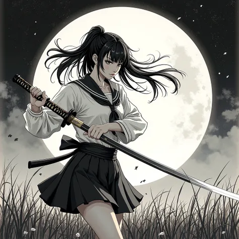 High quality, Ultra detailed, best quality, insanely detailed, beautiful, masterpiece, field,  Japanese High School Girl， high school girl uniform, miniskirt　Dynamic,(一本のJapanese sword) ，slender with SMG, Japanese sword , 片手でJapanese swordを振る ,the sword's ...