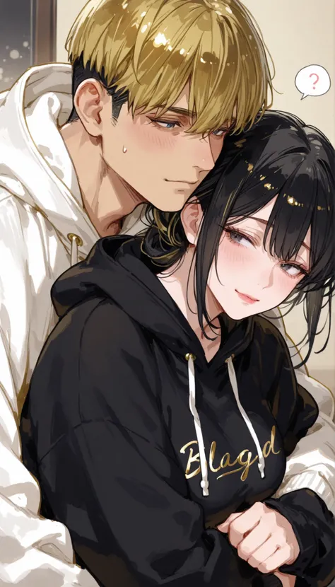 1man, 1woman、mature woman, (black haired woman in a black hoodie)、(gold haired man in a white hoodie)、hugging from behind、cute
