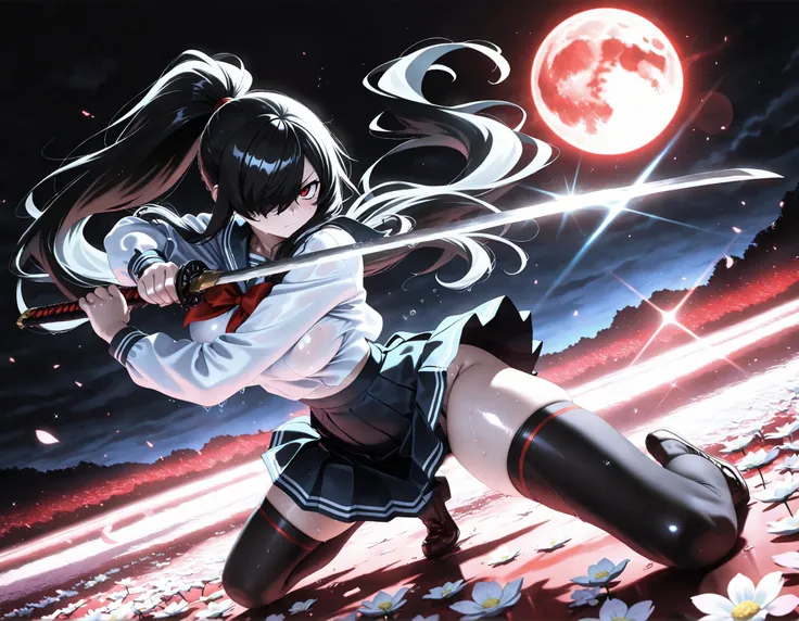 masterpiece, top quality, Super Detailed, 8k, full body, dynamic poses, cinematic lighting, solo, 1girl, Kuroki Monika, black hair, very long hair, hair over right eye, red eyes, large breasts, (petite but curvy, very cute),
Japanese High School Girl , p...