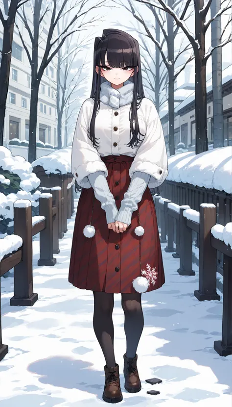 score_9, score_8_up, score_7_up,anime coloring,ultra-detailed,official art,best quality,good quality,BREAK,1girl,solo,komi_shouko, black eyes, black hair, long hair,BREAK,winter style clothes,BREAK,small smile,standing,BREAK,outdoor,park,snow,full body,loo...