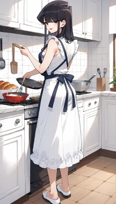 score_9, score_8_up, score_7_up,anime coloring,ultra-detailed,official art,best quality,good quality,BREAK,1girl,solo,komi_shouko, black eyes, black hair, long hair,BREAK,summer style clothes,apron,BREAK,small smile,standing,cooking,BREAK,indoor,kitchen,fu...