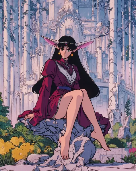 Rei Hino, black long hair, she has elven ears, intricate satin dress, sitting on a tree stomp,in a silver forest, huge silver trees, background silver elven castle, intricate architecture, Benisman, Benisman artstyle, Benisman Style, cel shading, high cont...