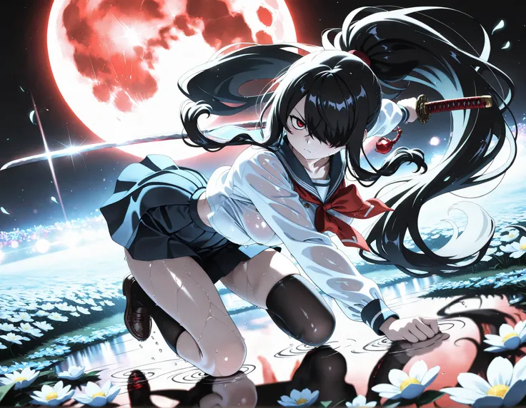 masterpiece, top quality, Super Detailed, 8k, full body, dynamic poses, cinematic lighting, solo, 1girl, Kuroki Monika, black hair, very long hair, hair over right eye, red eyes, large breasts, (petite but curvy, very cute),
Japanese High School Girl , p...
