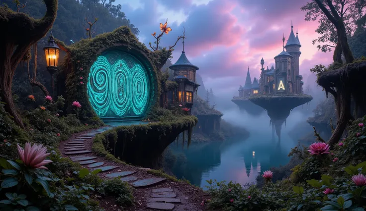 A magical and dreamlike landscape, untouched by humanity, featuring ethereal forests, glowing plants, floating islands under a twilight sky. ((A huge number "900" and the letters "I A" are clearly visible)) and seamlessly integrated into the environment us...