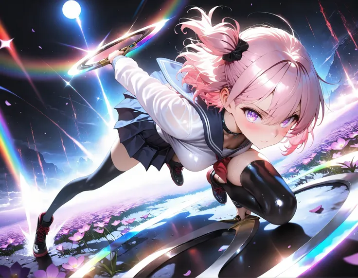 masterpiece, top quality, Super Detailed, 8k, full body, dynamic poses, cinematic lighting, solo, 1 girl, violet eyes, light pink hair, short hair, cool, beautiful, medium breast, very cute, lovely, kawaii,
Japanese High School Girl , pleated skirt, sa...