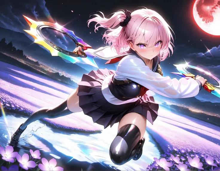 masterpiece, top quality, Super Detailed, 8k, full body, dynamic poses, cinematic lighting, solo, 1 girl, violet eyes, light pink hair, short hair, cool, beautiful, medium breast, very cute, lovely, kawaii,
Japanese High School Girl , pleated skirt, sa...