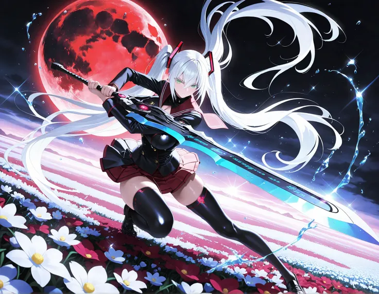 masterpiece, top quality, Super Detailed, 8k, full body, dynamic poses, cinematic lighting, solo, 1girl, green eyes, white eyelashes, white hair, long hair, hair between eyes, large breasts, curvy, beautiful, sexy, cool,
, twintails, curly twintails, hol...