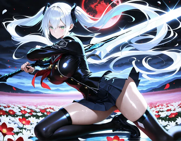 masterpiece, top quality, Super Detailed, 8k, full body, dynamic poses, cinematic lighting, solo, 1girl, green eyes, white eyelashes, white hair, long hair, hair between eyes, large breasts, curvy, beautiful, sexy, cool,
, twintails, curly twintails, hol...