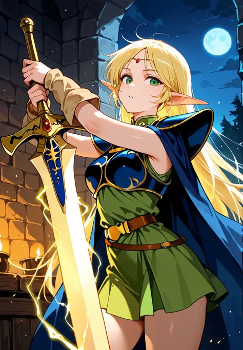 1girl, solo, deedlit \(Record of Lodoss War\), green dress, armor, blue cape, holding a longsword covered in lightning aura, heroic pose, night time, Dark Fantasy, medieval Inn, cinematic lighting, masterpiece,top quality,warm color,high resolution,high fa...