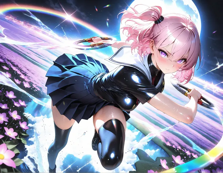 masterpiece, top quality, Super Detailed, 8k, full body, dynamic poses, cinematic lighting, solo, 1 girl, violet eyes, light pink hair, short hair, cool, beautiful, medium breast, very cute, lovely, kawaii,
Japanese High School Girl , pleated skirt, sa...
