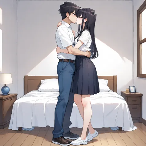 score_9, score_8_up, score_7_up,anime coloring,ultra-detailed,official art,best quality,good quality,hetero,side by side,BREAK,1girl,solo,komi_shouko, black eyes, black hair, long hair,BREAK,summer style clothes,BREAK,blush,standing,kissing him,hug,BREAK,i...
