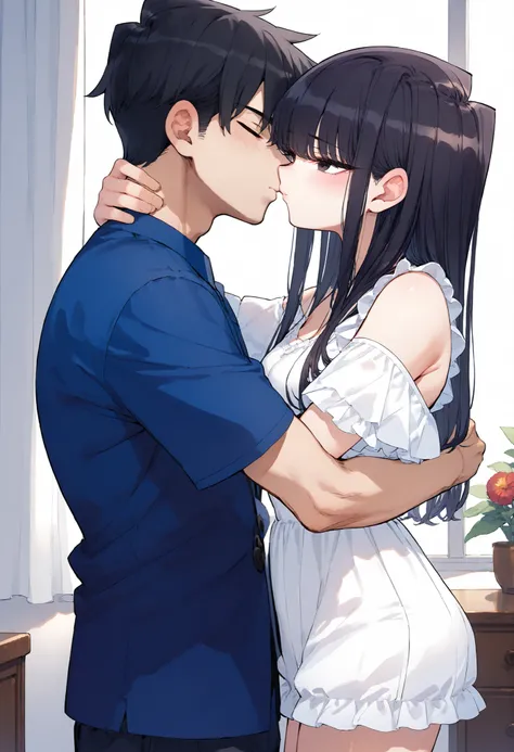 score_9, score_8_up, score_7_up,anime coloring,ultra-detailed,official art,best quality,good quality,hetero,side by side,BREAK,1girl,solo,komi_shouko, black eyes, black hair, long hair,BREAK,summer style clothes,BREAK,blush,standing,kissing him,hug,BREAK,i...