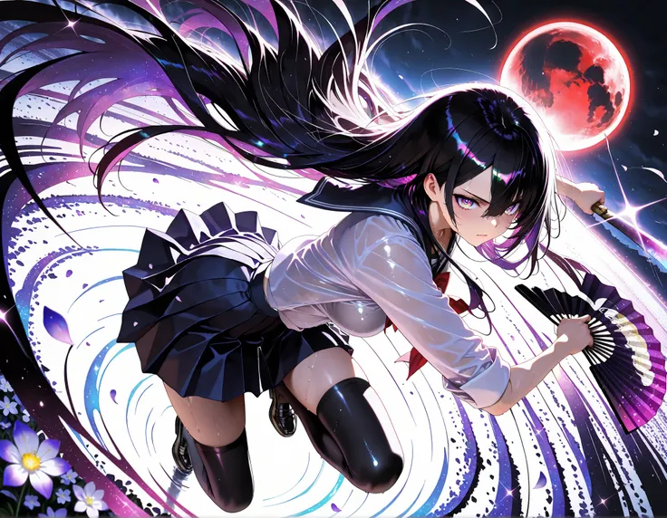 masterpiece, top quality, Super Detailed, 8k, full body, dynamic poses, cinematic lighting, solo, 1 woman, sharp purple eyes , multicolored eyes , hair between eyes , long side bangs , black hair with fine purple strands , very long hair , medium breasts
...
