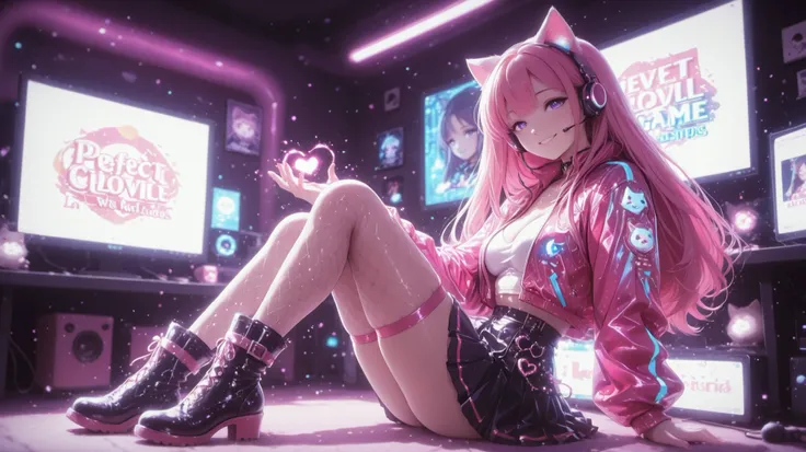 Masterpiece, side angle, natural lighting, night, perfect shadows, ray tracing, detailed image, a beautiful redhead with long hair, wavy ends, wearing a headset with cat ears and RGB lights, violet eyes, beautiful curvy body, smiling sweetly, making a hear...