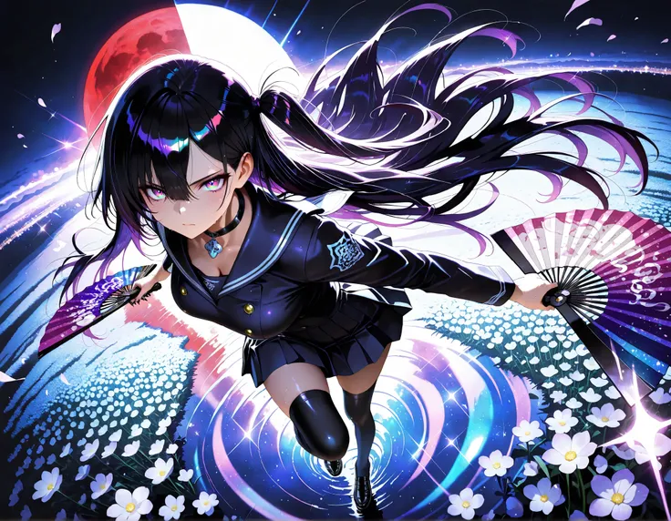 masterpiece, top quality, Super Detailed, 8k, full body, dynamic poses, cinematic lighting, solo, 1 woman, sharp purple eyes , multicolored eyes , hair between eyes , long side bangs , black hair with fine purple strands , very long hair , medium breasts
...
