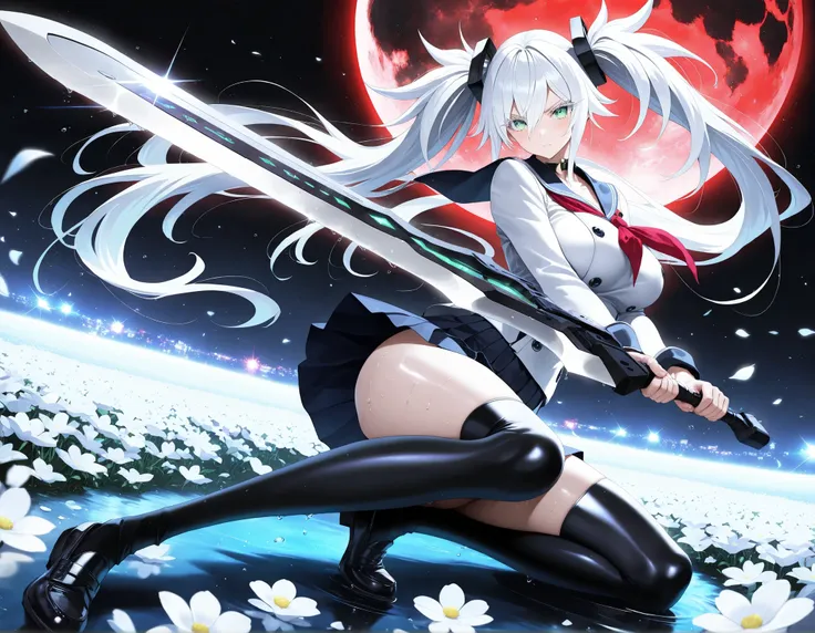 masterpiece, top quality, Super Detailed, 8k, full body, dynamic poses, cinematic lighting, solo, 1girl, green eyes, white eyelashes, white hair, long hair, hair between eyes, large breasts, curvy, beautiful, sexy, cool,
, twintails, curly twintails, hol...