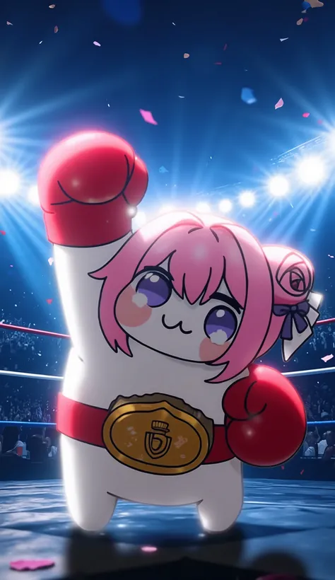 dramatic low-angle shot, a fluffy round creature "Doro" standing triumphantly on a boxing ring, wearing oversized red boxing gloves and a golden championship belt, one arm raised in a victorious pose, sweat glistening on its fur, confetti raining down, spo...