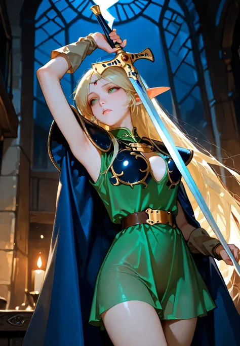 1girl, solo, deedlit \(Record of Lodoss War\), green dress, armor, blue cape, holding a longsword, sword covered in lightning, heroic pose, night time, Dark Fantasy, medieval Inn, cinematic lighting, masterpiece,top quality,warm color,high resolution,high ...