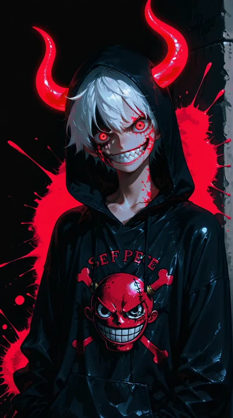 masterpiece, best quality, 8k, graphic art, t-shirt design, male, Luffy, One piece , solo, shadowy figure, ((white hair:1.3),anonymous, wearing black hoodie, hood up, face in shadow, demonic, red devil horns, glowing red eyes, x-shaped eyes, creepy smile, ...