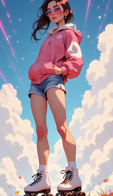 A young woman stands against a bright sky, filled with swirling clouds. Her outfit is bold and attractive — a pink windbreaker with white patches on the sleeves and a pair of blue shorts. She wears spectacular fishnet stockings, giving the image a dynamic ...
