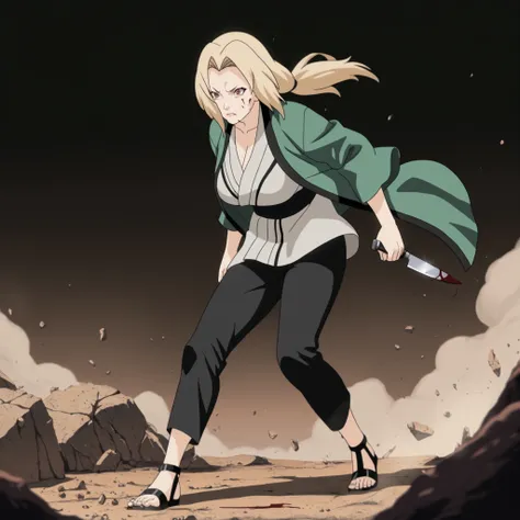 (masterpiece, best quality, anime style, ultra-detailed, 8k, Tsunade Senju standing in a rocky wasteland, mature woman with long golden blonde hair, wearing her usual outfit: short white kimono, black pants, and open-toe sandals, a knife embedded in her le...