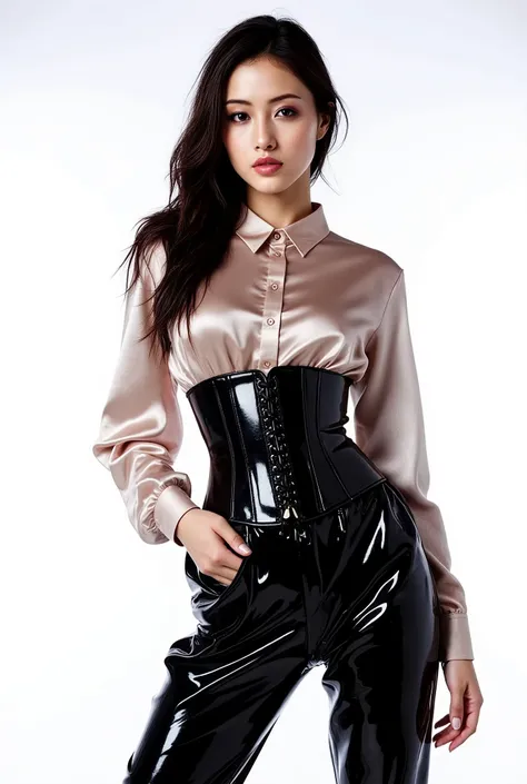  woman with a satin button down shirt, black glossy vinyl pvc flared pants, tight leather corset with front lacing, white studio background