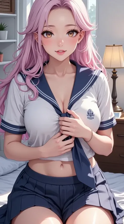 (obra maestra,  computer, mejor quality,  Clear focus, shadow, anime-style, ultra high resolution, 8K, perfect anatomy, perfect face, (detailed face), (  Detailed eye  ), punctuation_9, punctuation_8_above, punctuation_7_above, punctuation_6_above, punctuation_5_above, punctuation_4_above,  source _animated, Label 1, Label2, quality_obra maestra, anatomically correct, beautiful face, perfect face, Beautiful and highly detailed face and eyes, Attractive face, detailed face, delicate facial features, detailed skin, huge breasts, breast size cup D or DD, wide hips, gigantic butt, thick thighs. Looking at the spectator. Anime style illustration of a beautiful woman with an elegant and sensual look. An anime girl with a hyperrealistic style, with long hair, wavy and in a gradient of light pink colors.  has big eyes, expressive, light brown color, with long eyelashes and soft makeup. She wears a Japanese sailor-style school uniform, wearing a tight white short-sleeved blouse that highlights her, figure decorated with navy blue details and a blue scarf tied at the front. The blouse has a school logo on the right side. } The girl is unbuttoning or tying the handkerchief with both hands,  showing her navel . She wears a short navy blue skirt and accessories on her wrist, like thin bracelets. The background is a modern bedroom with a night lamp, a bed and shelves. The lighting is soft, giving an intimate and cozy atmosphere.