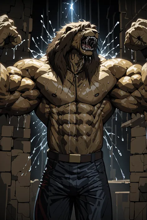 (masterpiece, ultra-detailed, cinematic lighting, 4K, high resolution, sharp focus, clean lines), full-body portrait of Galen Dhaelos — a tall, powerful, aesthetic anthro lion warrior with a thick dark brown mane and piercing dark brown eyes. His build is ...