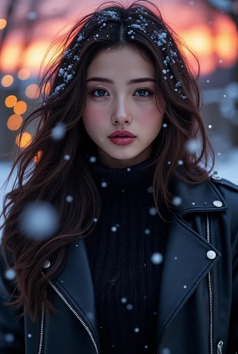 full body image of an arafed woman wearing a knitted turtleneck sweater and a leather jacket, long wavy hair, winter, whimsical, intricate brush strokes, beautiful lighting, intricate details, Unreal Engine, creative, expressive, detailed, colorful, digita...