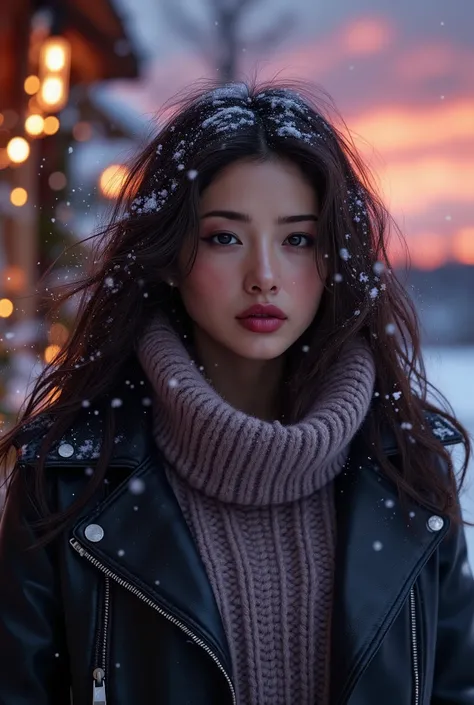 full body image of an arafed woman wearing a knitted turtleneck sweater and a leather jacket, long wavy hair, winter, whimsical, intricate brush strokes, beautiful lighting, intricate details, Unreal Engine, creative, expressive, detailed, colorful, digita...