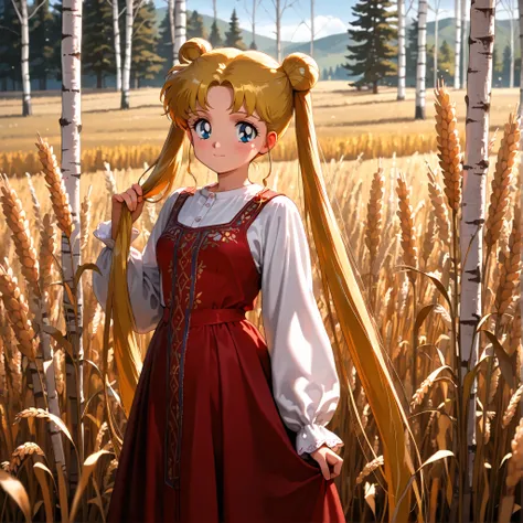 masterpiece, amazing quality, best quality, ultra-detailed, 8K, illustration, clear skin, ultra-detailed-eyes, soft skin, very awa, very as2, soft body, 1990s \(style\), official art, usagi tsukino, blonde hair, blue eyes, double bun, hair bun, long hair, ...