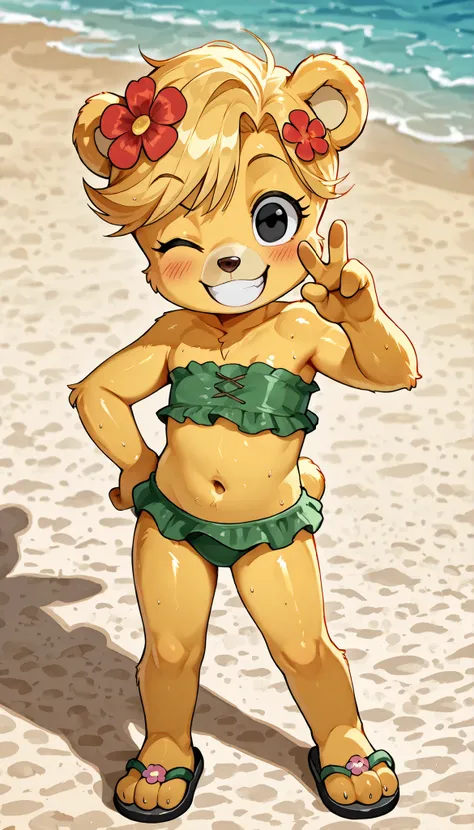 score_9, score_8_up, score_7_up, (masterpiece, best quality, very aesthetic, absurdres, source furry, shaded, 1girl, bear, furry female, Sunni Gummi, young, black eyes, smile, blush, blonde hair, messy bangs, bear features, bear ears, bear tail, yellow bod...