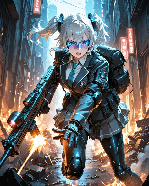 (masterpiece, best quality, dynamic action pose, anime style), heavily armed high school girl in cyber-modified school uniform, glowing circuitry woven into armored pleated skirt and jacket, wearing a transparent visor with floating HUD, firing a neon-lit ...
