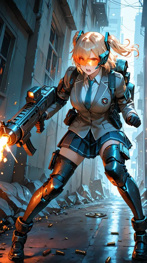 (masterpiece, best quality, dynamic action pose, anime style), heavily armed high school girl in cyber-modified school uniform, glowing circuitry woven into armored pleated skirt and jacket, wearing a transparent visor with floating HUD, firing a neon-lit ...