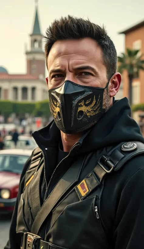 Ben AFFLECK by Noob Saibot from Mortal Kombat 11 superrealistic upper body hyperrealistic background of Italian city with cars and people and buildings and towers in 20k

