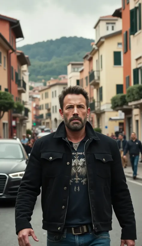 Ben AFFLECK superrealistic in black jacket upper body hyper realistic Italian city background with cars and people and buildings and towers in 20k
