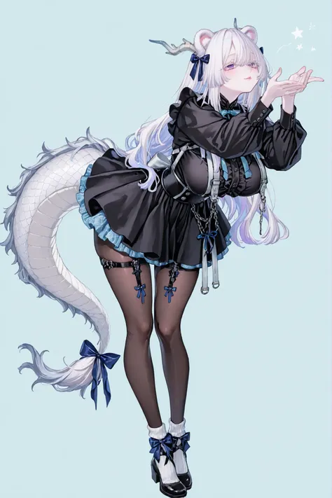   8k wallpaper、    top quality 、masterpiece、bear ears,   748cm スThailandル   、black shirt,   woman 1 person、ribbon、  cute black puffy skirt layers and buttons、 cute black oversized puffy sleaves with open sholders 、cute big bow on her back, long fox tail wi...