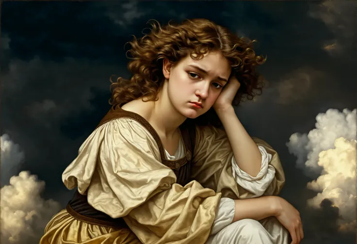 ((dark renaissance)) ((girl angel sadness)), One, ((, sitting on a cloud)), nimbus, Dark Clouds , , , half-turned gaze at the viewer , bowed head, tunic, curly brown hair, ((style of Nicolas de Cressy)), dark renaissance, gradient of aged yellowed canvas, ...