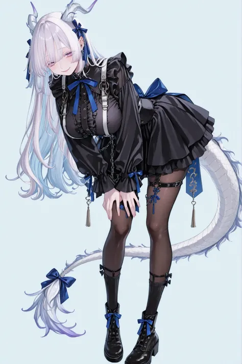   8k wallpaper、    top quality 、masterpiece、one side of her hair behind her ear,   748cm スThailandル   、black shirt,   woman 1 person、ribbon、  cute black puffy skirt layers and buttons、 cute black oversized puffy sleaves with open sholders 、cute big bow on ...
