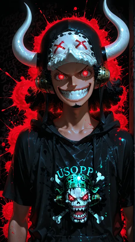 masterpiece, best quality, 8k, graphic art, t-shirt design, male, usopp, One piece , solo, shadowy figure, anonymous, wearing black hoodie, hood up, face in shadow, demonic, white devil horns, glowing red eyes, x-shaped eyes, creepy smile, wide grin, sharp...