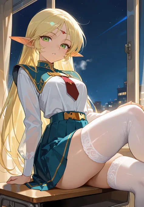 1girl, solo, deedlit \(Record of Lodoss War\), schoolgirl outfit, white thigh highs, sitting on a desk, steam, classroom, sexy pose, alluring atmosphere, night time, cinematic lighting, masterpiece,top quality,warm color,high resolution,high fashion,absurd...
