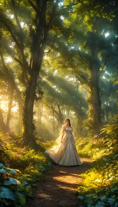 beautiful forest at dawn, idyllic,  magical , majestic, epic lighting, 8 k, 1 girl, detailed face, detailed eyes, Detailed lips, long lashes, beautiful dress, calm expression,  lush foliage , bright flowers, sun rays, photorealistic text, cinematic, warm c...