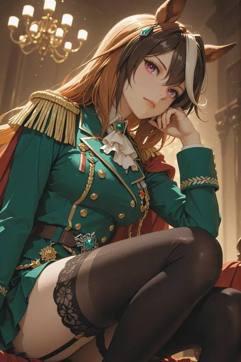 symboli rudolf (umamusume), head to knee angle portrait, wearing her official racing outfit with a green military-style jacket with medals, red cape on the left shoulder with gold epaulettes, white frilled tie, green mini skirt with white frilled inner lay...