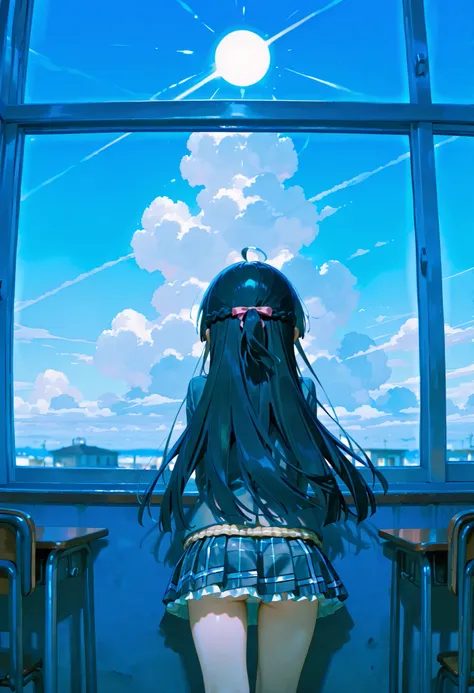 「from a classroom window one day Floating white sphere」。Tsukino Mito (Nijisanji)。Scenery。scenery。White sphere in the outer sky。Bright day