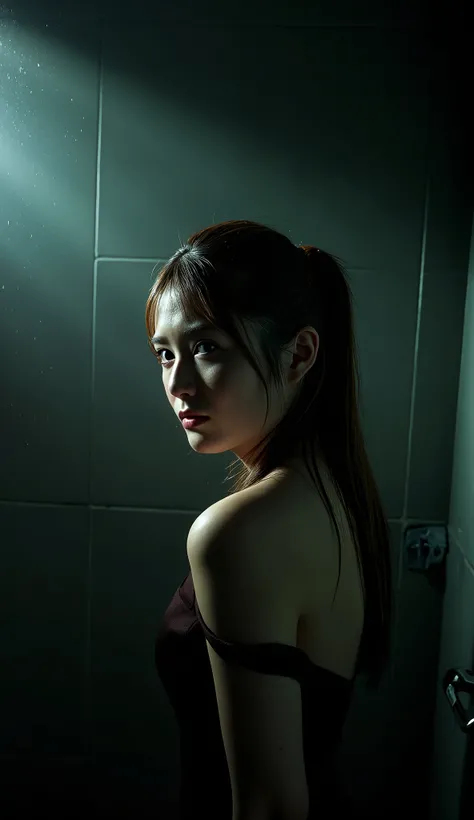 cinematic portrait, adult woman with melancholic expression, dark shower room interior, dramatic lighting, water effects, film noir atmosphere, professional cinematography, high contrast